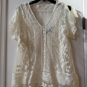 White House Black Market Elegant Cream Embroidered Women's Top large